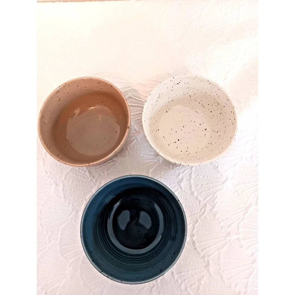 Sango China Artist’s Blend Stoneware Bowls Set of 3 Speckled Blue Tan Cream